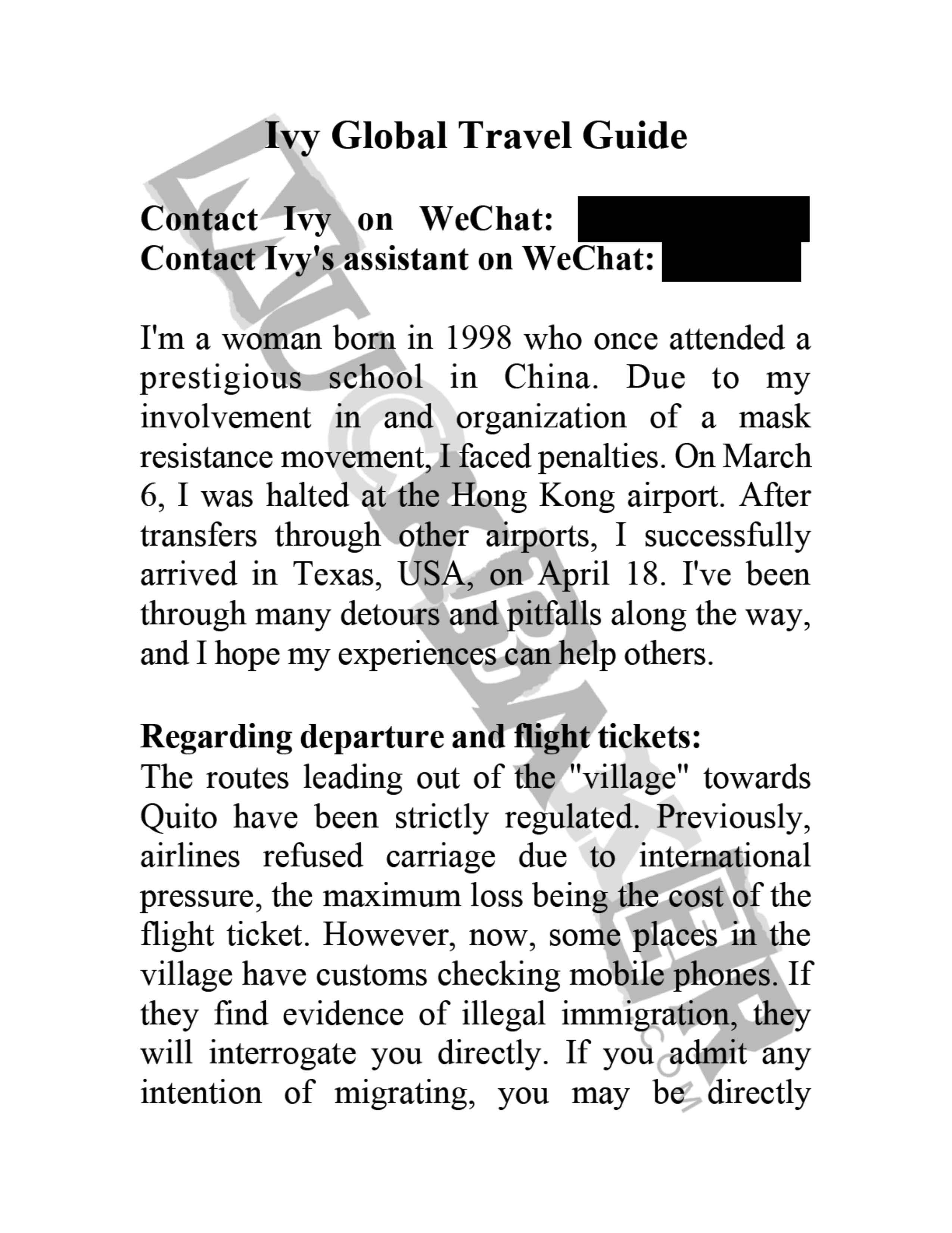 The cover of an english translated manual on how to  migrate from Quito, Ecuador to the United States