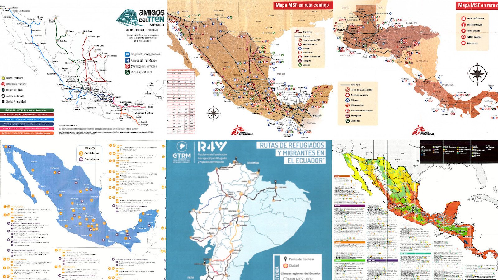 A collage of six different migration route maps by various organizations