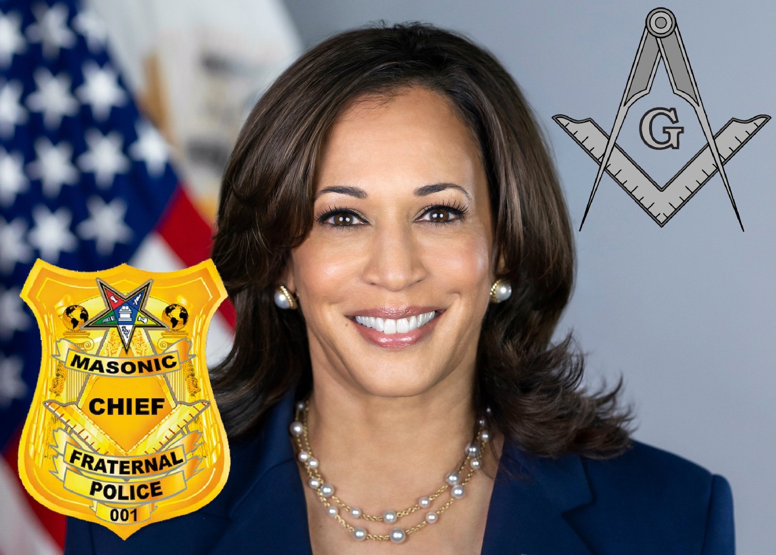 A portrait of Kamala Harris with a freemason police badge on her left and a freemason logo on her right