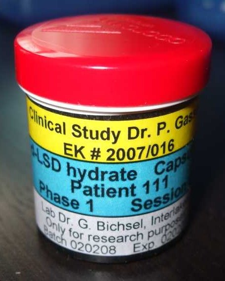 A photo of an LSD clinical trial bottle